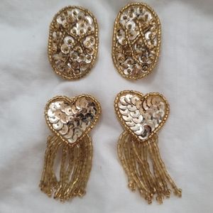 Vintage 1950s 1960s Sequin Beaded Gold  Heart Clip on Earrings Set